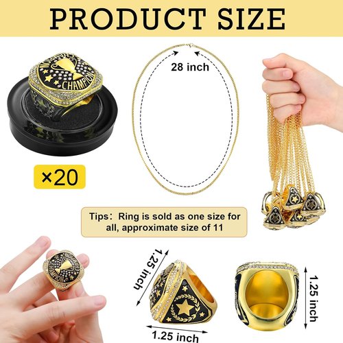 Highergo Championship Rings Set - 20 Pcs Sports Trophy Rings with Display Chain & Stand | Ideal for Tournaments