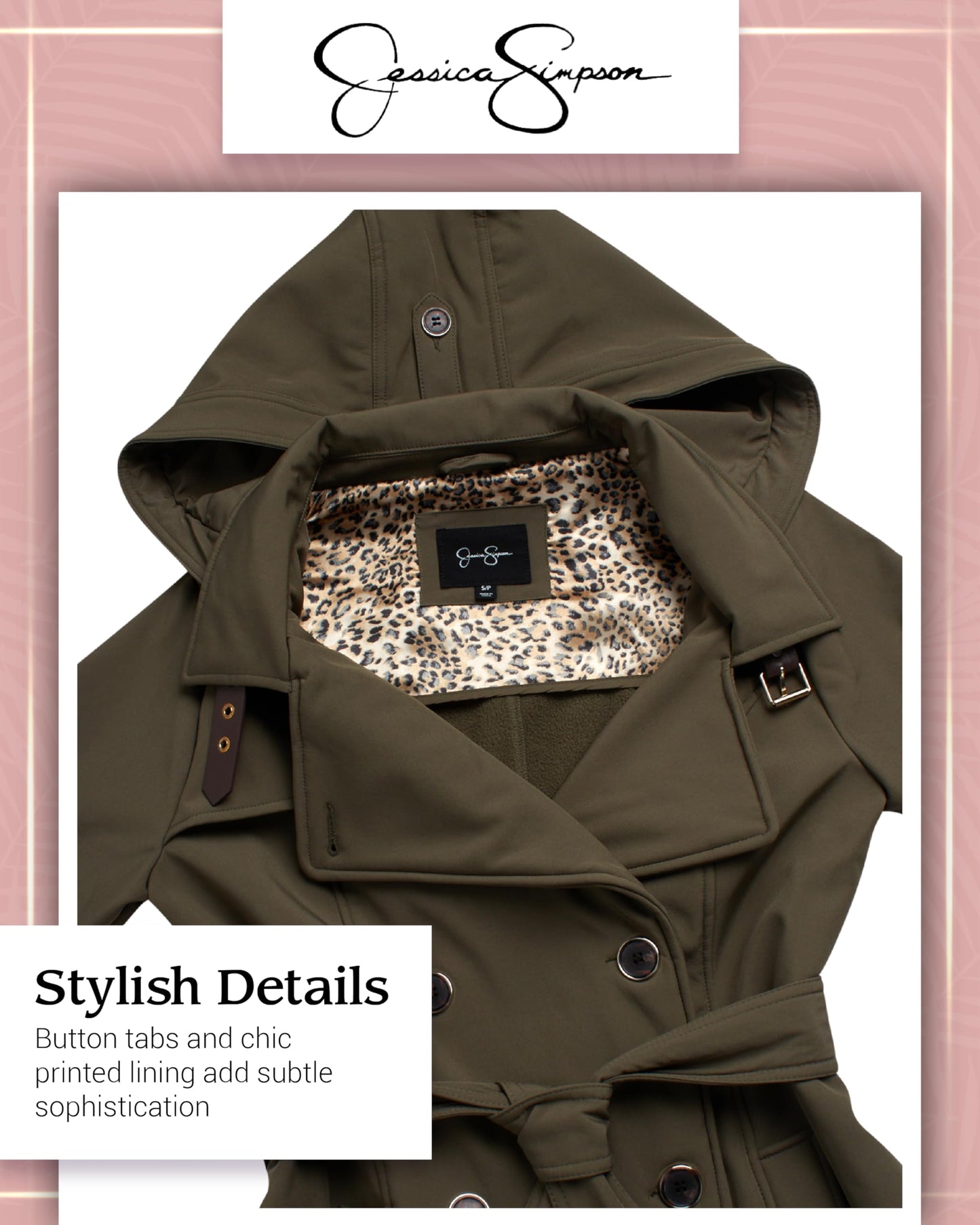 Jessica Simpson Womens Trench Coat - Lightweight Belted Softshell Jacket - Polar Fleece Lined Hooded Long Coat for Women, Size Large, Olive