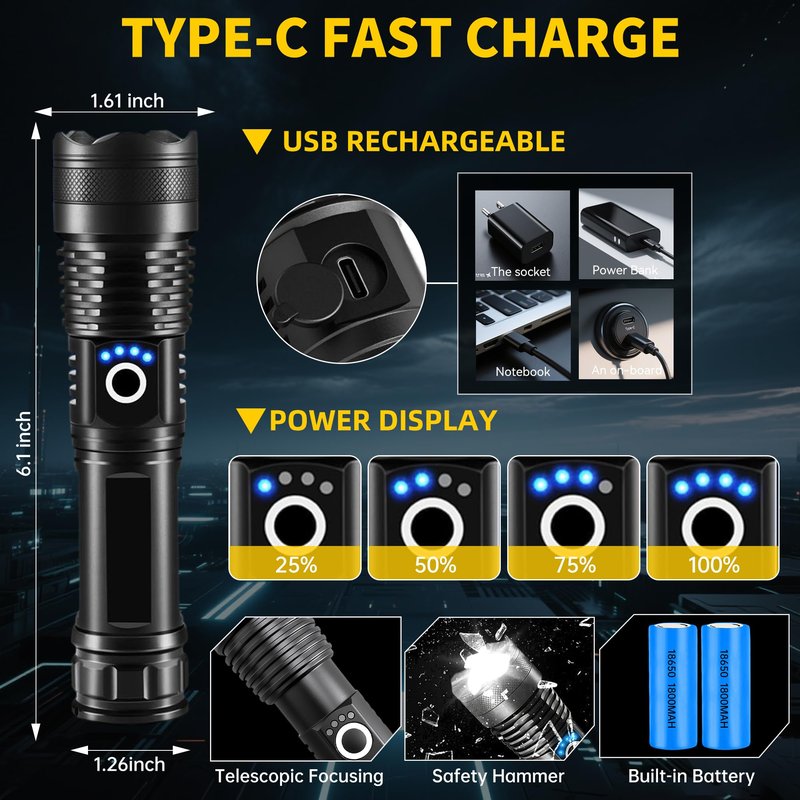 Rechargeable LED Flashlights High Lumens, Super Bright Handheld Flashlight Battery Powered with 5 Modes, Waterproof Powerful Zoomable Flash Light for Home, Camping，Emergencies, Outdoor, 2 Pack