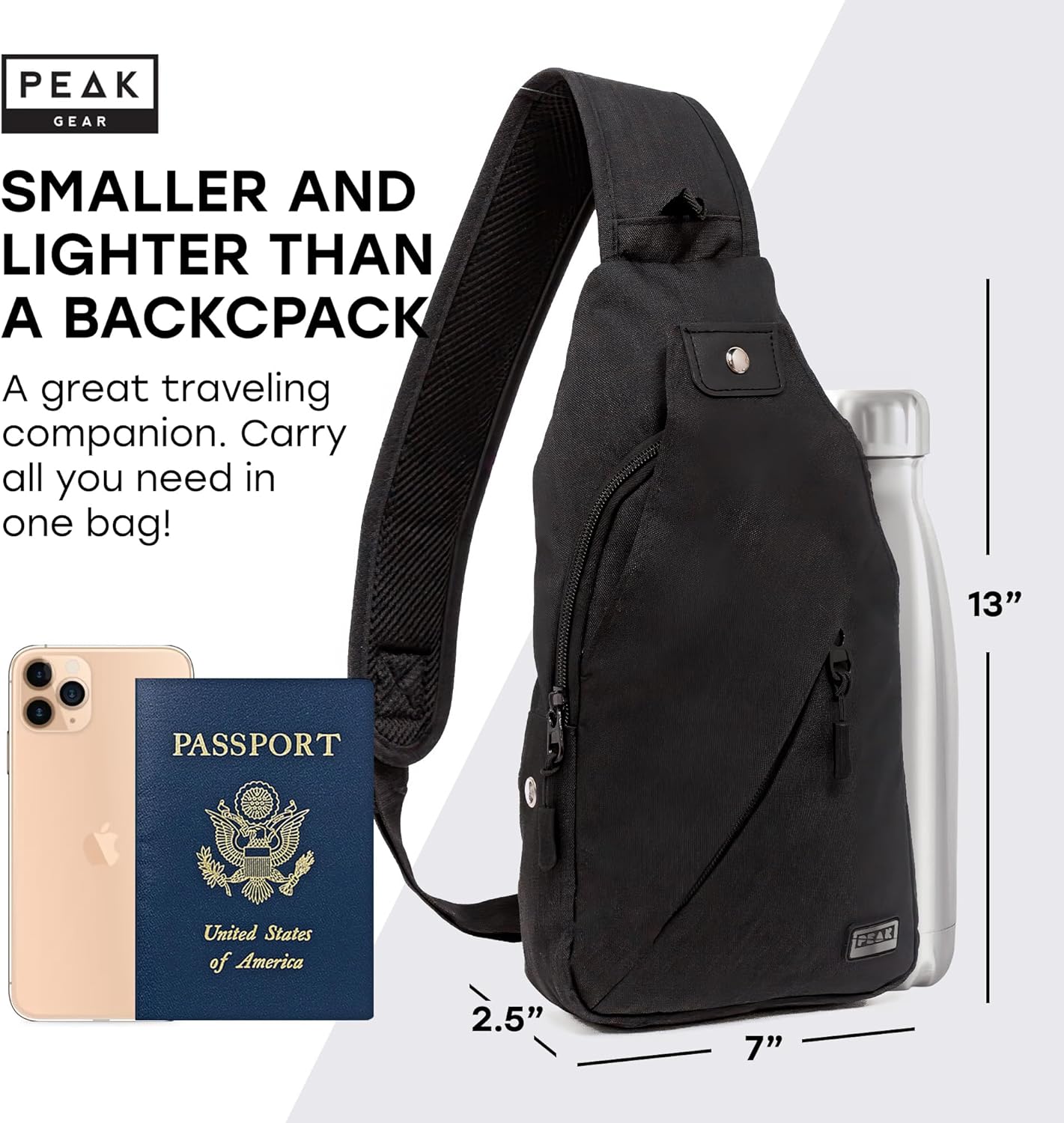 Peak Gear Travel Sling Bag - Compact Crossbody Design | Lighter & Smaller than a Backpack | Lifetime ID Tag Included