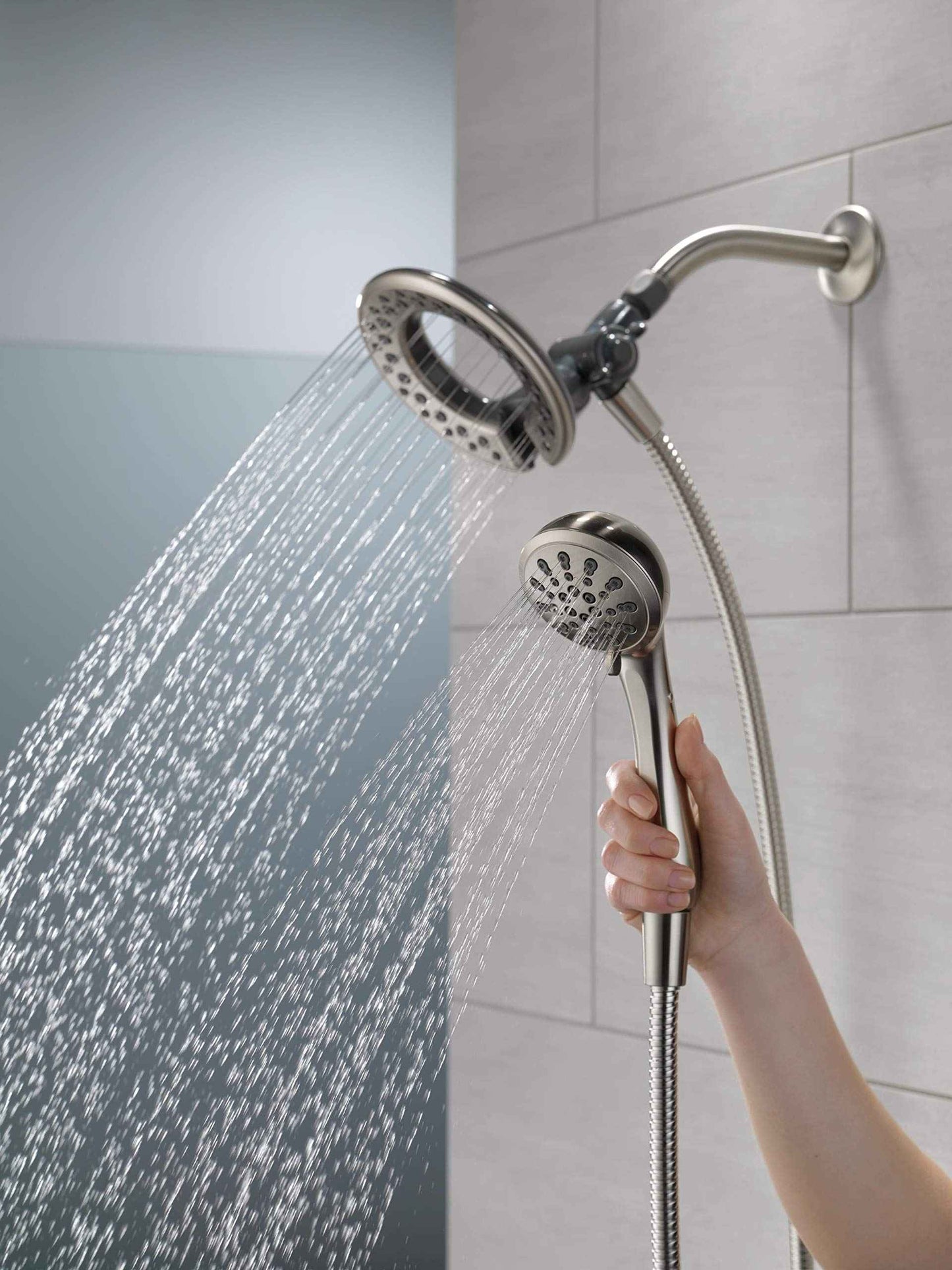 Delta 4-Setting In2ition 2-in-1 Dual Shower Head with HandHeld Spray, Brushed Nickel Detachable Shower Head with Hose, Showerhead, 1.75 GPM Flow Rate, SpotShield Nickel 75486CSN