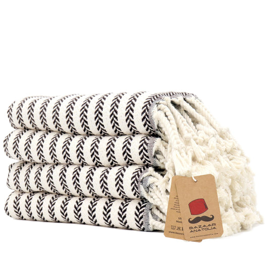 Bazaar Anatolia Hand Towels - Set of 4 | 39" x 19" - Striped Turkish Hand Towel for Bathroom, 100% Cotton, Kitchen, Face, Hair, Tea, Dishcloth, Striped Towels - Arpa Black