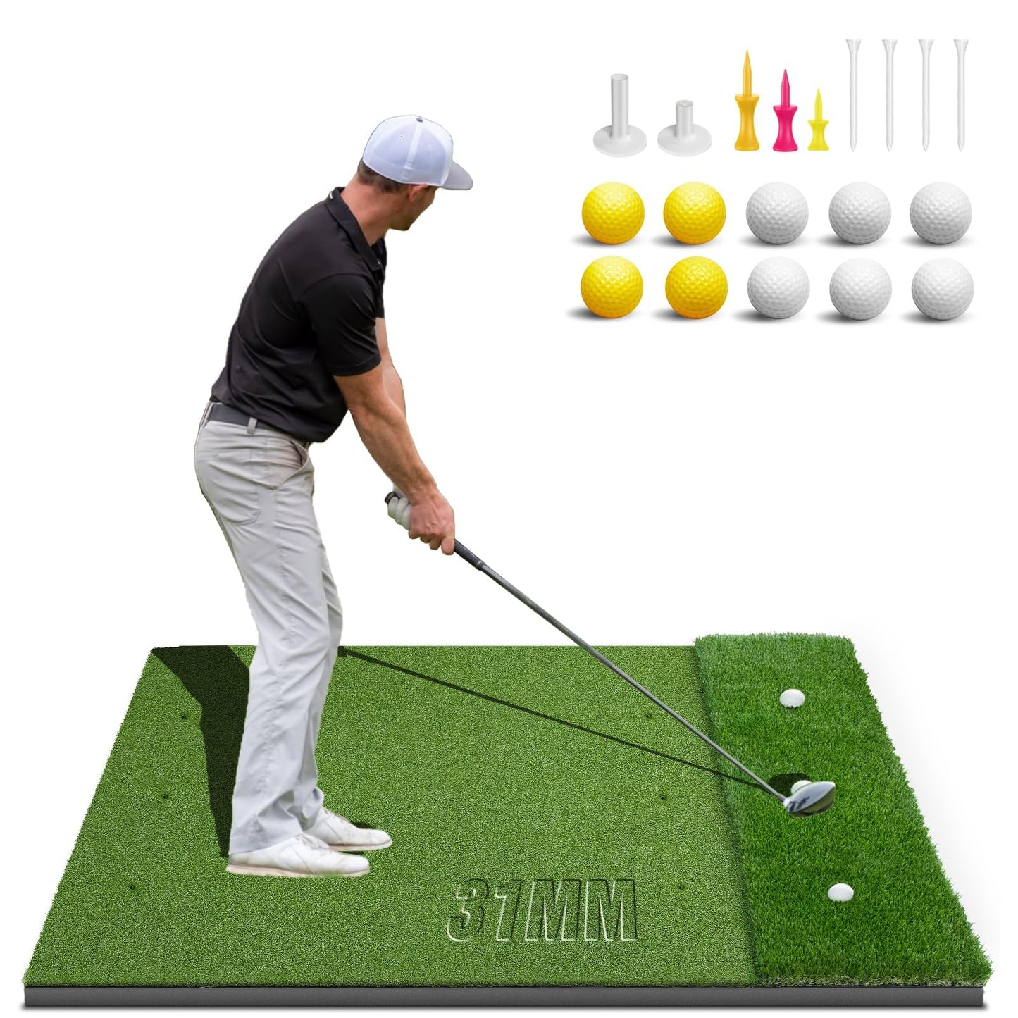 Dual-Turf Golf Mat 31mm: 5X3ft Extra Large Golf Hitting Mats Practice Outdoor Indoor, High-Density Artificial Turf Matt for Garage Simulator Chipping Driving Training, Ideal Gifts for Men Dad