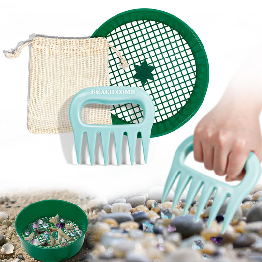 Sand Scoop with Shovel Sand Flea Rake with Beach Mesh Bag Plastic Sand Sifter for The Beach Shell Scooper Shark Teeth Digger for Picking Up Shells Sea Glass Hunting Tools Beach (Blue with Sifter)