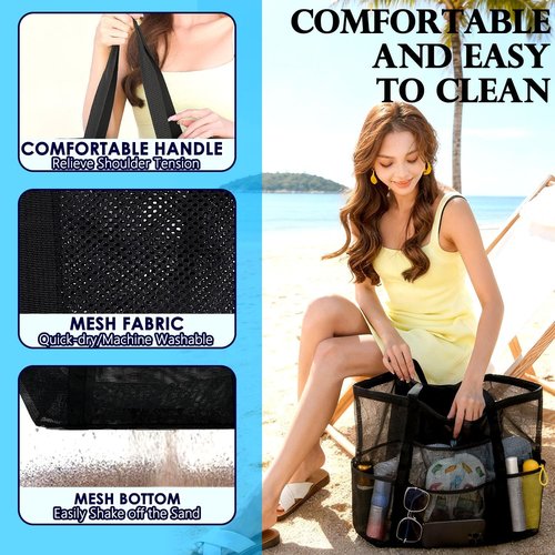 Fammart Large Mesh Beach Bag - Versatile Tote with Zipper Pocket for Family Travel & Pool Essentials
