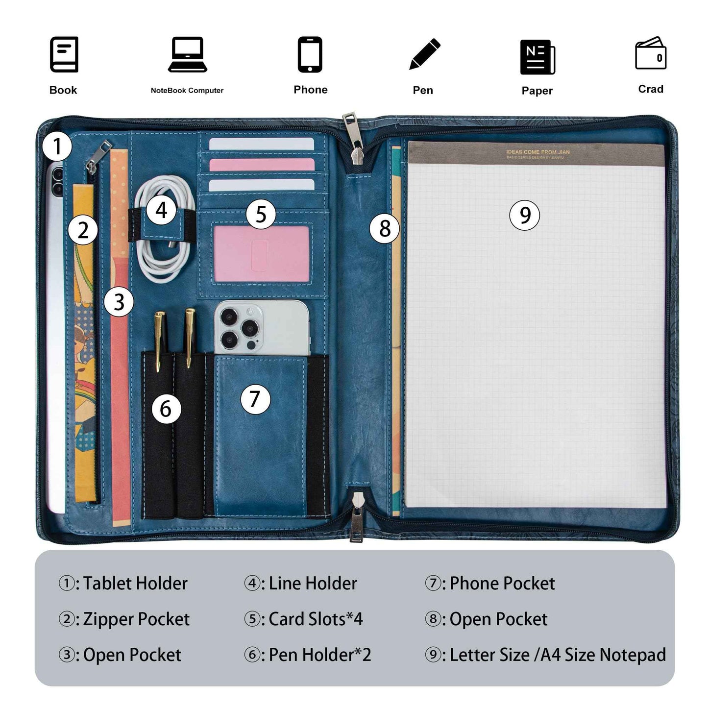 Embossed Vegan Leather Portfolio for Women,Professional Organize Padfolio with A4 Notepad Holder,Professional Business Document Organizer for Women (Blue)