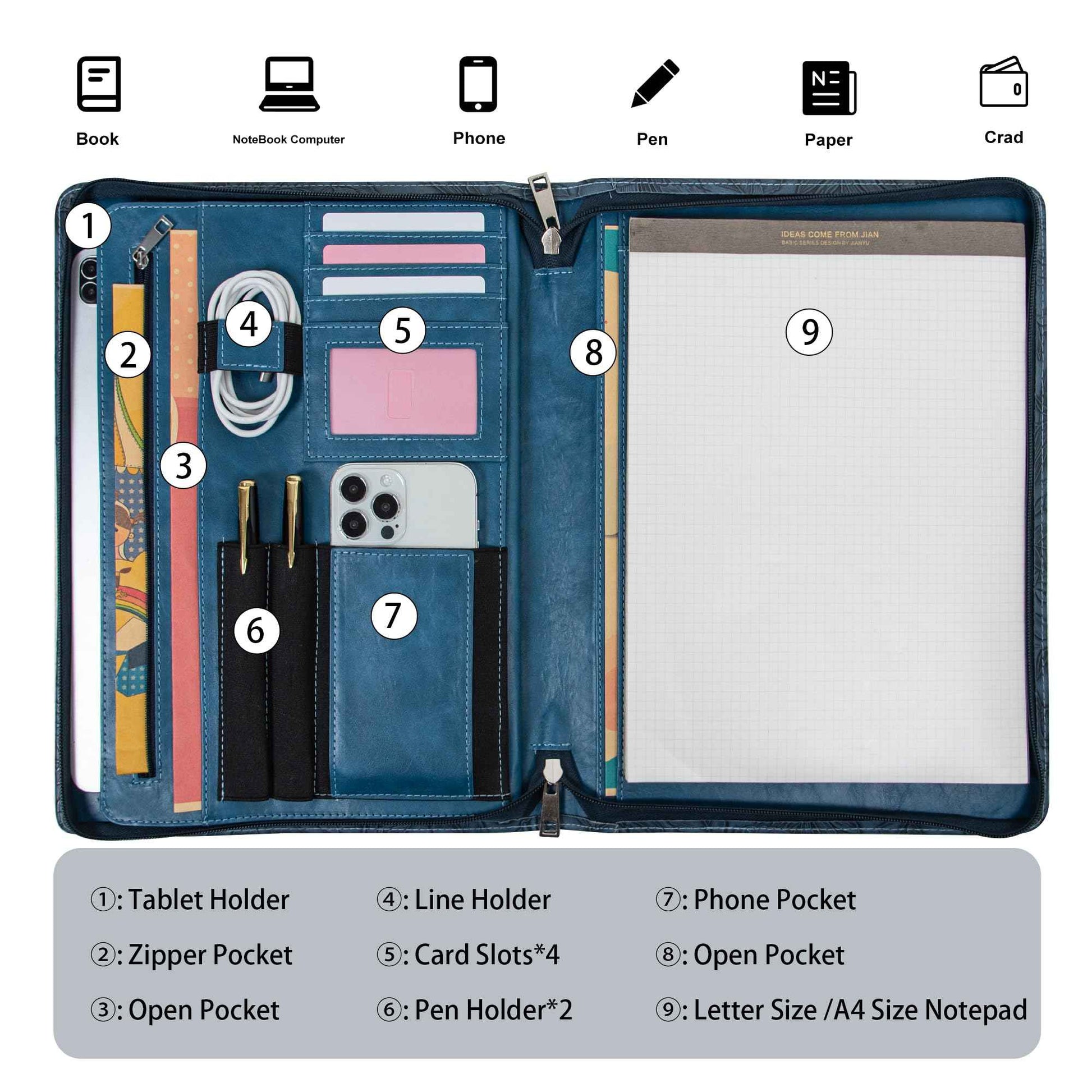 Embossed Vegan Leather Portfolio for Women,Professional Organize Padfolio with A4 Notepad Holder,Professional Business Document Organizer for Women (Blue)