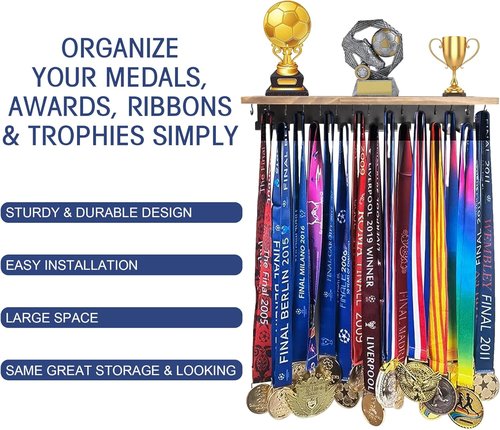 Defined Deco Medal Hanger - Wooden Trophy Shelf With 32 Hooks for Wall-Mounted Ribbon Display | Ideal for Gymnastics, Soccer, Running Medals