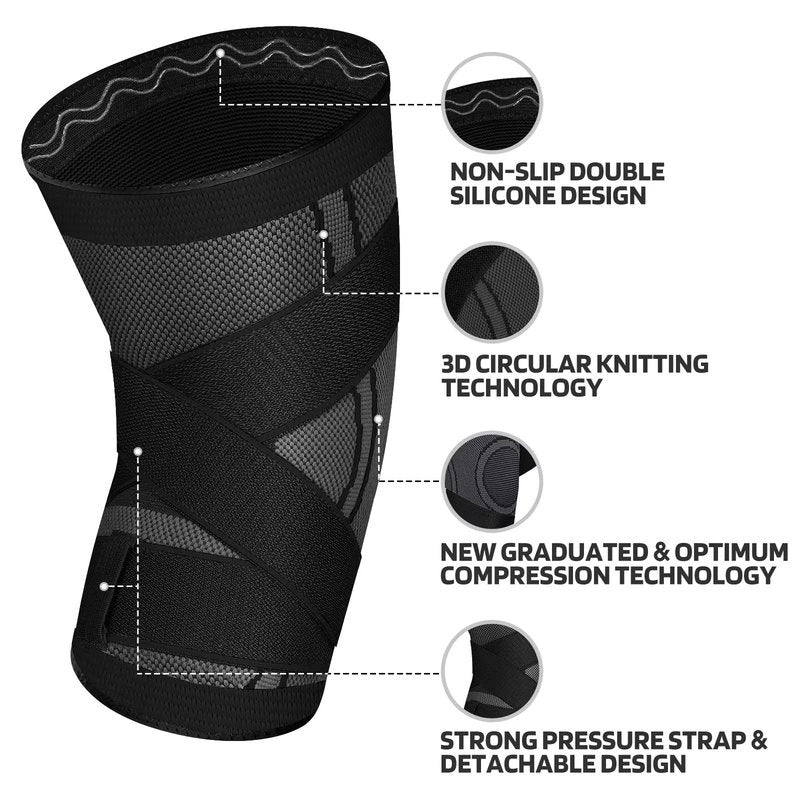 ZJMQJ Knee Brace with Straps for Women/Men, Knee Compression Sleeve for Knee Pain, Arthritis, ACL, PCL, Meniscus Tear, Joint Pain Relief. Knee Support for Running, Workout, 1 pcs (Black, Large)