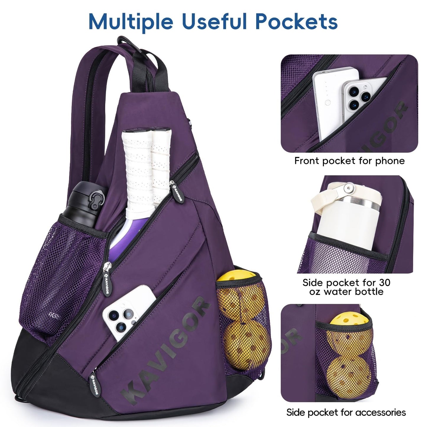 KAVIGOR Pickleball Sling Bag, Convertible Ultra-Light Backpack with Skin-Soft Fabric & Wet/Dry Pocket, Fits 4 Paddles + Gear