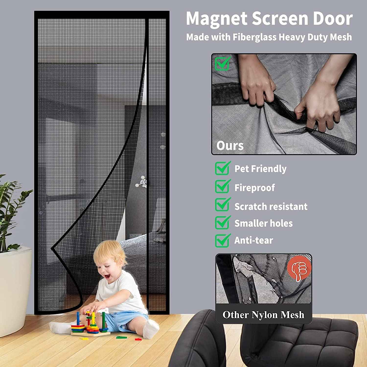 Reversible Left or Right Side Opening Magnetic Screen Door, Narrow Durable Fiberglass Mesh Curtain Hands Free for Patio, Bedroom, Fits Door Size 38" x 82", Black