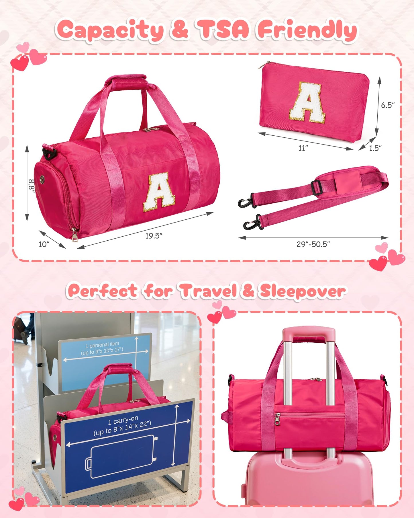 Vogewood Gifts for Grandkids, Girls Travel Duffle Bag with Makeup Pouch, Initial Kids Overnight Weekend Bag with Shoe Compartment, Customized Gifts for Teens (Letter K)