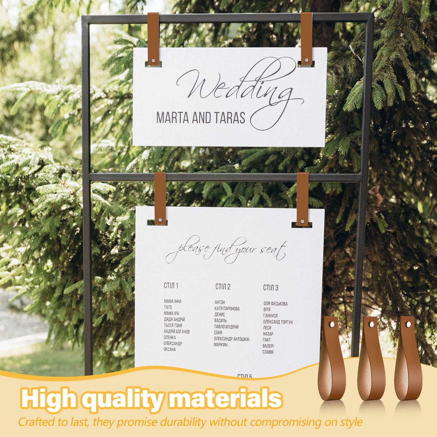 Vercraft 4 Pcs Faux Leather Sign Straps for Hanging Sign Faux Leather Curtain Rod Holder Straps Hanger for Engagement Wedding Welcome Event Display Seating Chart Ceremony Frame(Brown)