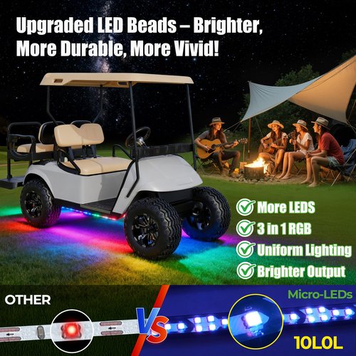 10L0L Golf Cart Underglow LED Light Kit, 4PC Flexible Neon Strip Lights with 14 Modes, Music Sync, Waterproof Remote Control Underbody Glow for EZGO, Club Car, Yamaha