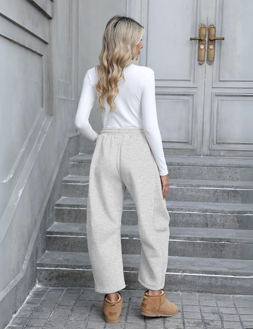 SeekMe Womens Fleece Lined Sweatpants Barrel Leg Baggy Joggers for Winter Warm Casual Lounge Athletic Pants(0025-AshGrey-L)