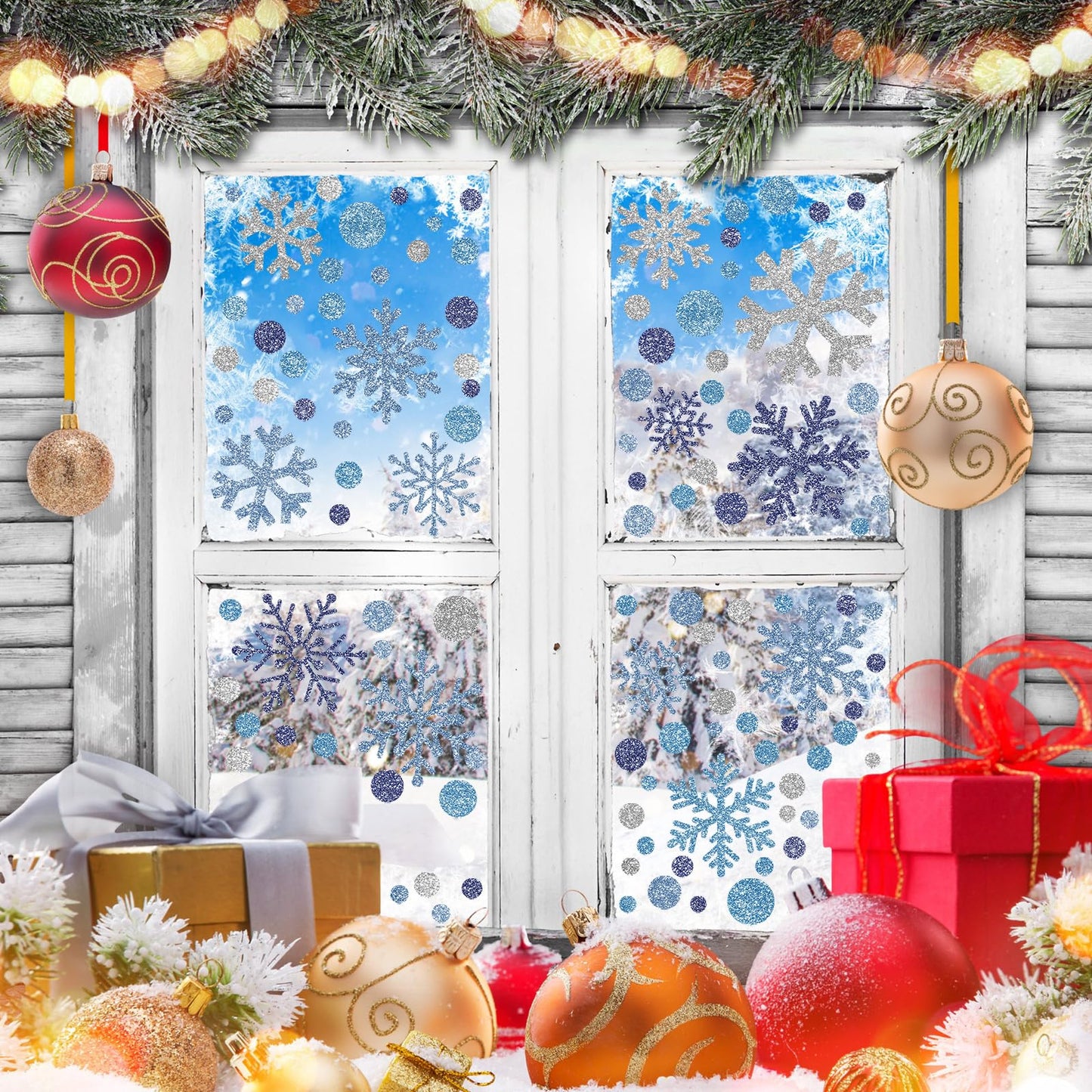 Zhanmai 200 Pcs/ 10 Sheets Christmas Snowflakes Wall Decals Window Clings Blue Silver Snowflake Stickers Peel and Stick Wall Ornament for Winter Removable Christmas Holiday Crafts Supplies