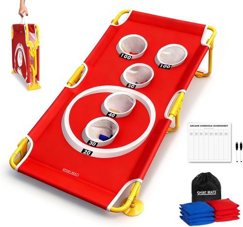 Foldable Cornhole Board Game Set by Arcade Style | Portable 5-Hole Toss Target with 8 Bean Bags & Scorecard - Perfect for Indoor/Outdoor Fun