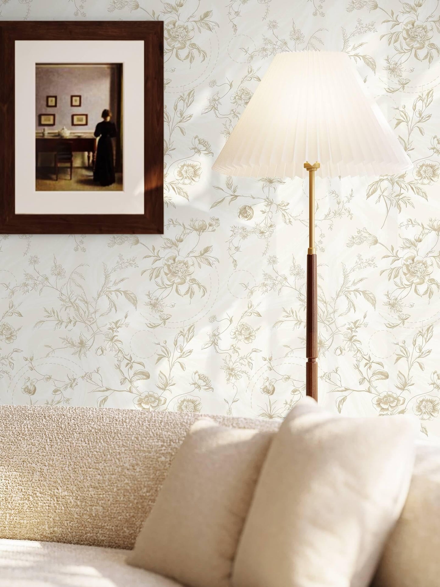 Ismoon Peel and Stick Wallpaper Floral Vintage Stick on Wall Paper Beige French Textured Contact Paper for Cabinet Removable Self Adhesive Wallpaper Vinyl Roll Shelf Deco, 17.3x78.7in