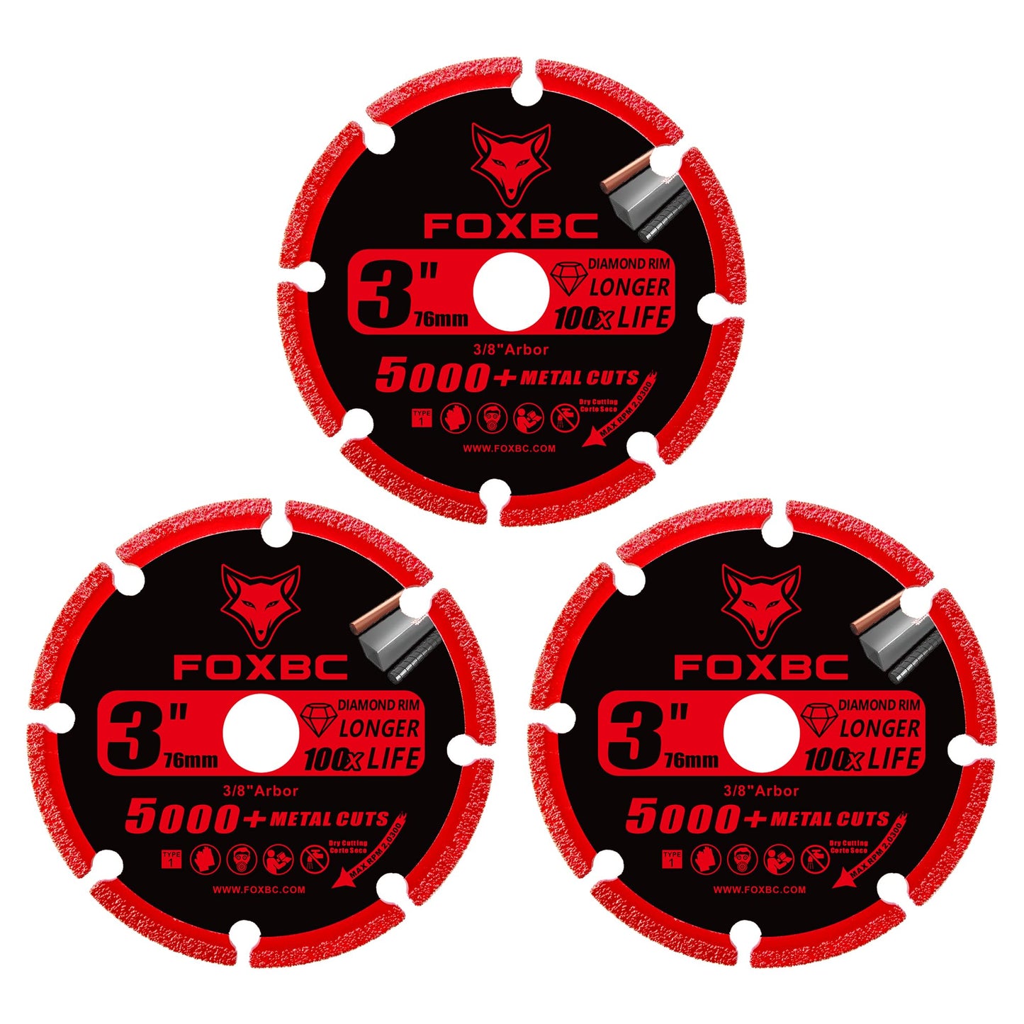 FOXBC 3 Inch Diamond Cut Off Wheel with 5000+ Metal Cutting on Rebar, Stainless Steel, Angle Iron, 3/8" Arbor - 3 Pack