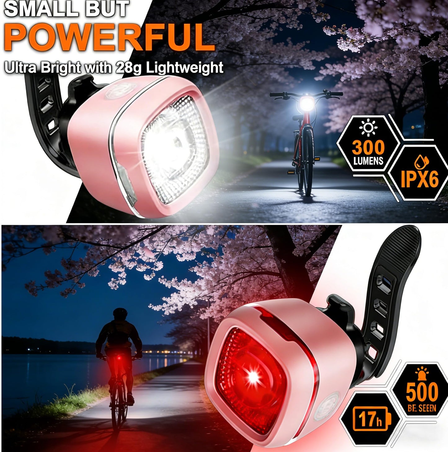 G2FS LITH Bicycle Front & Rear Lights, Type-C Rechargeable LED Bike Light Set, IPX6 Waterproof Flashlight for Night Riding, Safety Headlight Taillight, Kids Girls Children's Bicycle Accessories (Pink)