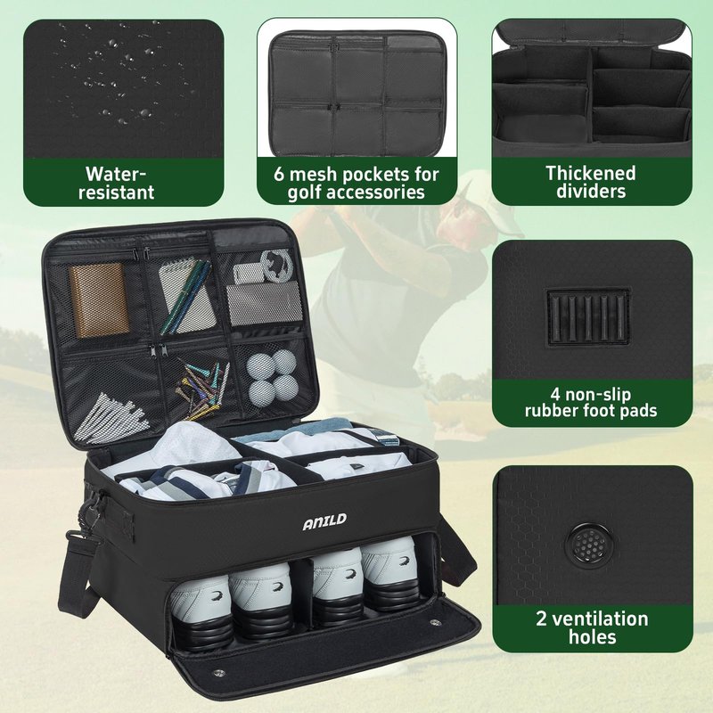 ANILD Golf Trunk Organizer, 2 Layer Golf Storage Case with Separate Ventilated Compartment for 2 Pair Shoes, for Balls, Tees, Clothes, Gloves, Accessories, Golfer Gifts