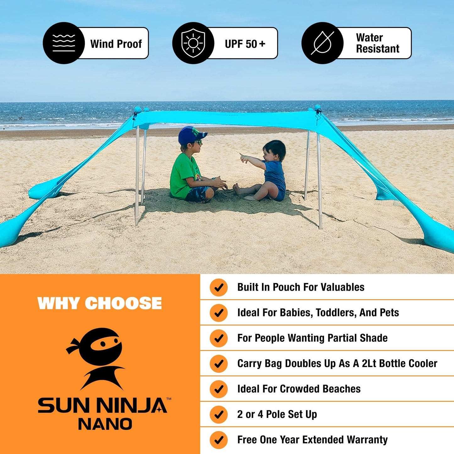 SUN NINJA Mini Beach Tent, UPF50+ Beach Shade Sun Shelter with Carry Bag, Partial Shade for 2 Adults, Family, Pets, Coolers & Valuable Items