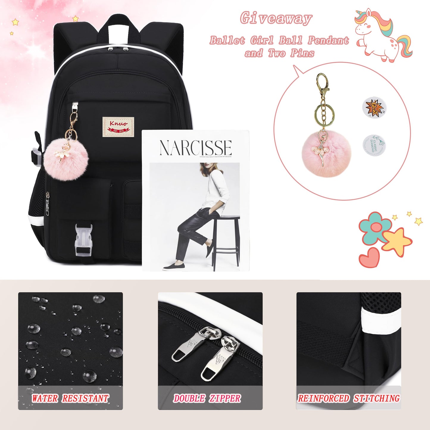 Girls Backpack,15.6 Inch Laptop School Bag Large Primary Elementary Middle College Bookbags Kids Backpacks for Teens Girls Women Students Anti Theft Travel Daypack (Black)