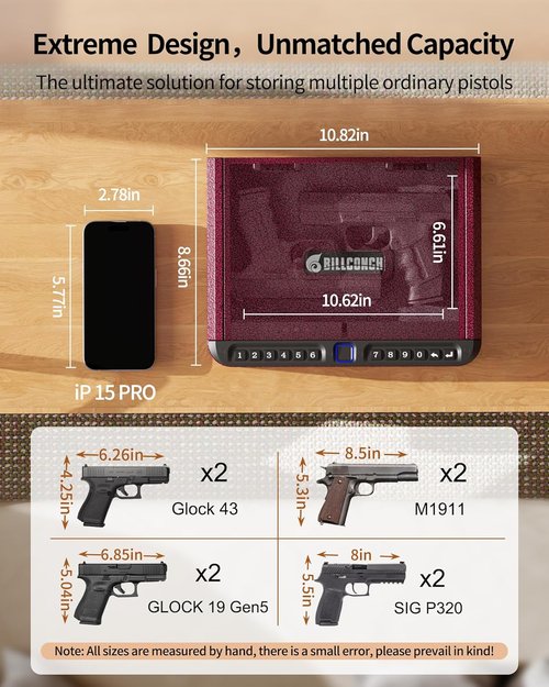 BILLCONCH Biometric Gun Safe for Handgun - Quick Access with Fingerprint, Keypad & APP Lock | Burgundy Red
