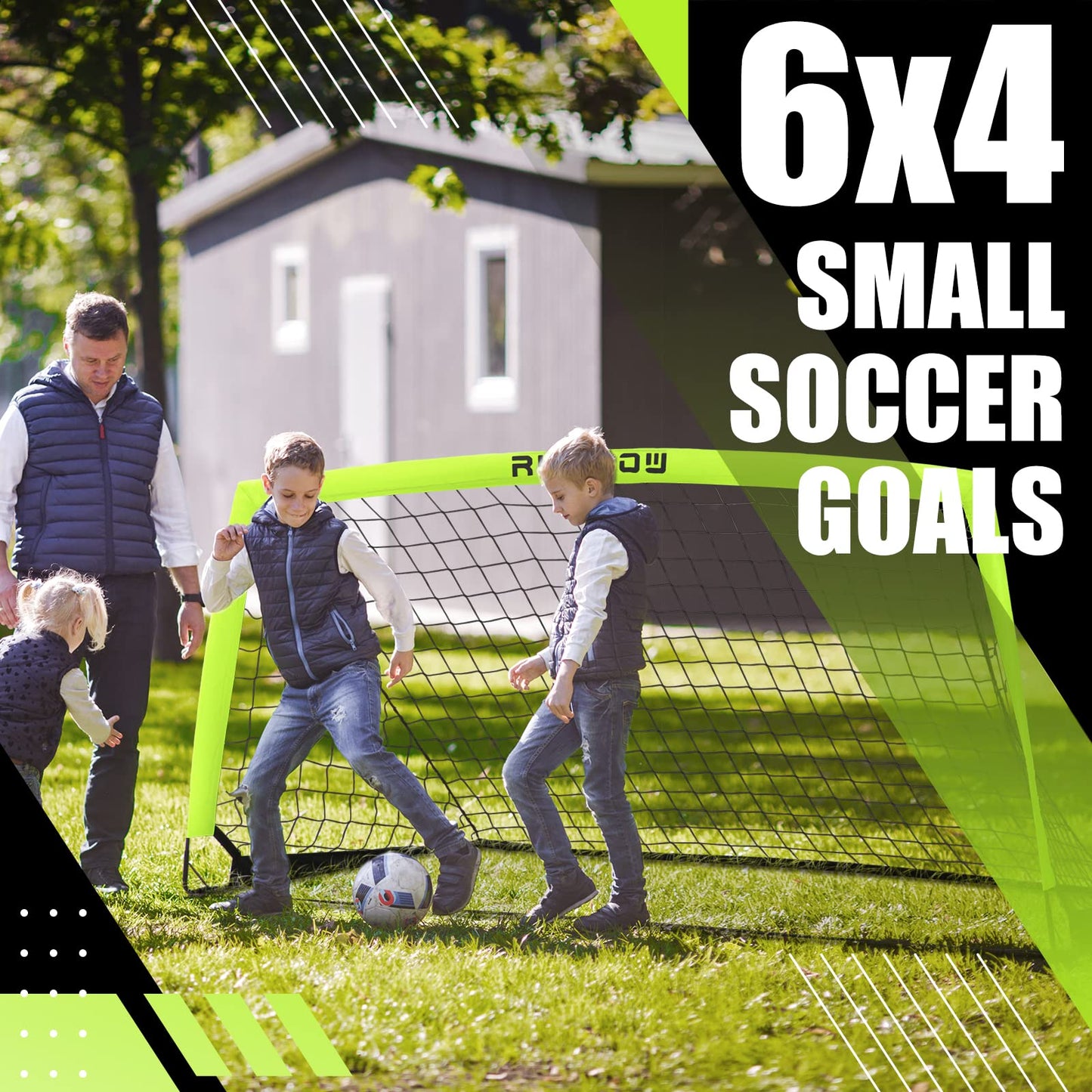 RUNBOW 6x4 ft Portable Kids Soccer Goal for Backyard Practice Soccer Net with Carry Bag (6x4 FT, 2 Pack, Light Yellow)