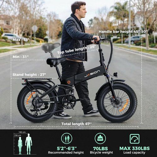 Jasion X-Hunter Foldable Electric Bike - 1400W Motor, 30MPH, 70+ Miles Range, Full Suspension, 20'' Fat Tires, Black & Grey