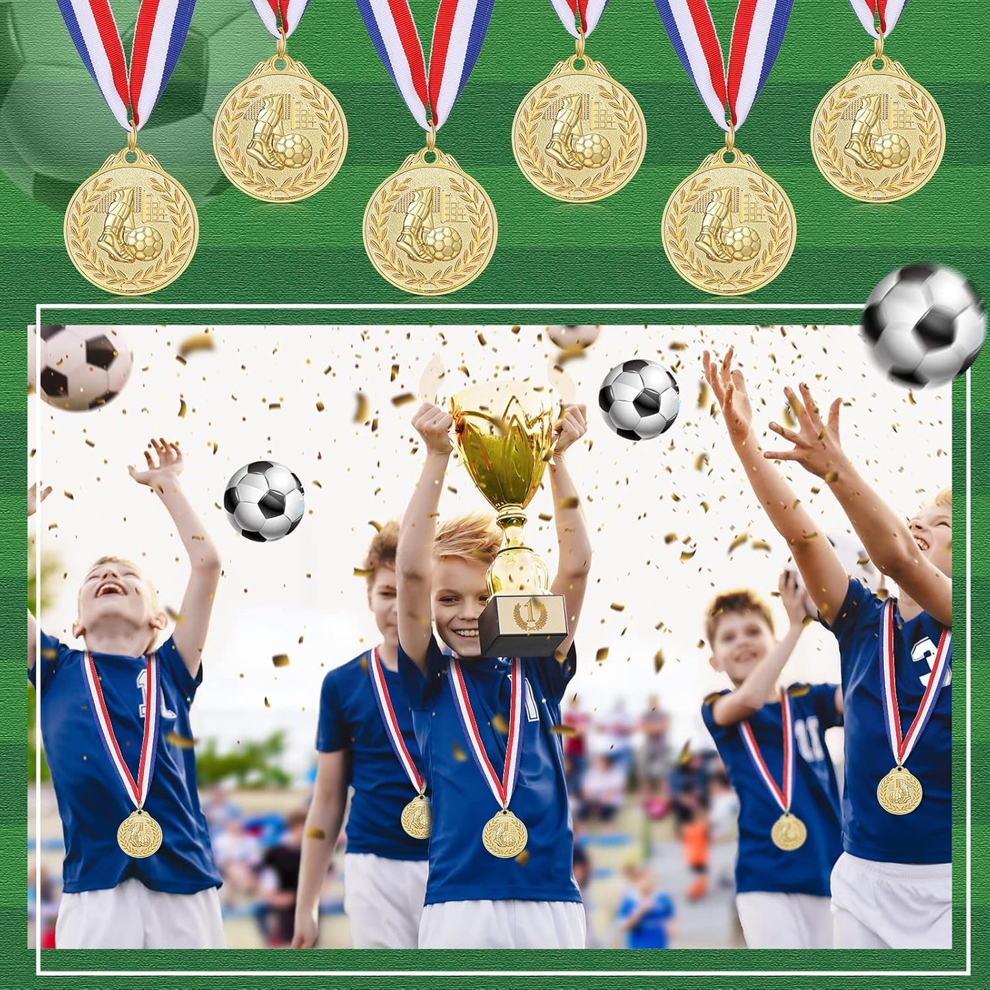 Yinkin Soccer Medals Set - 24 Gold Participation Trophies with Red, White & Blue Ribbons | Perfect for Sports Teams