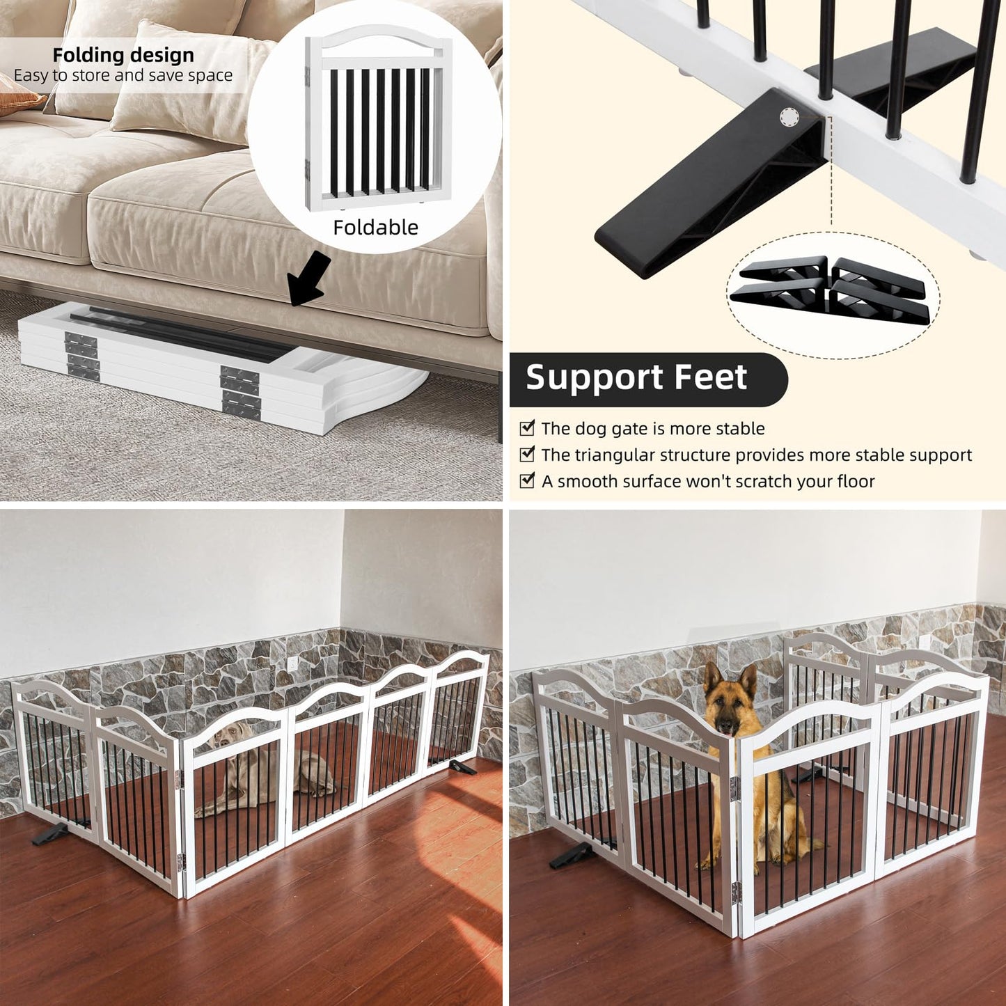 ZJSF Freestanding Foldable Dog Gate Indoor, Pet Gate for Doorways, Dog Fence for The House, Sturdy Wood Puppy Gate for Stairs, White Pet Gate with Support Feet for Hallways, 24 "Height-6 Panels