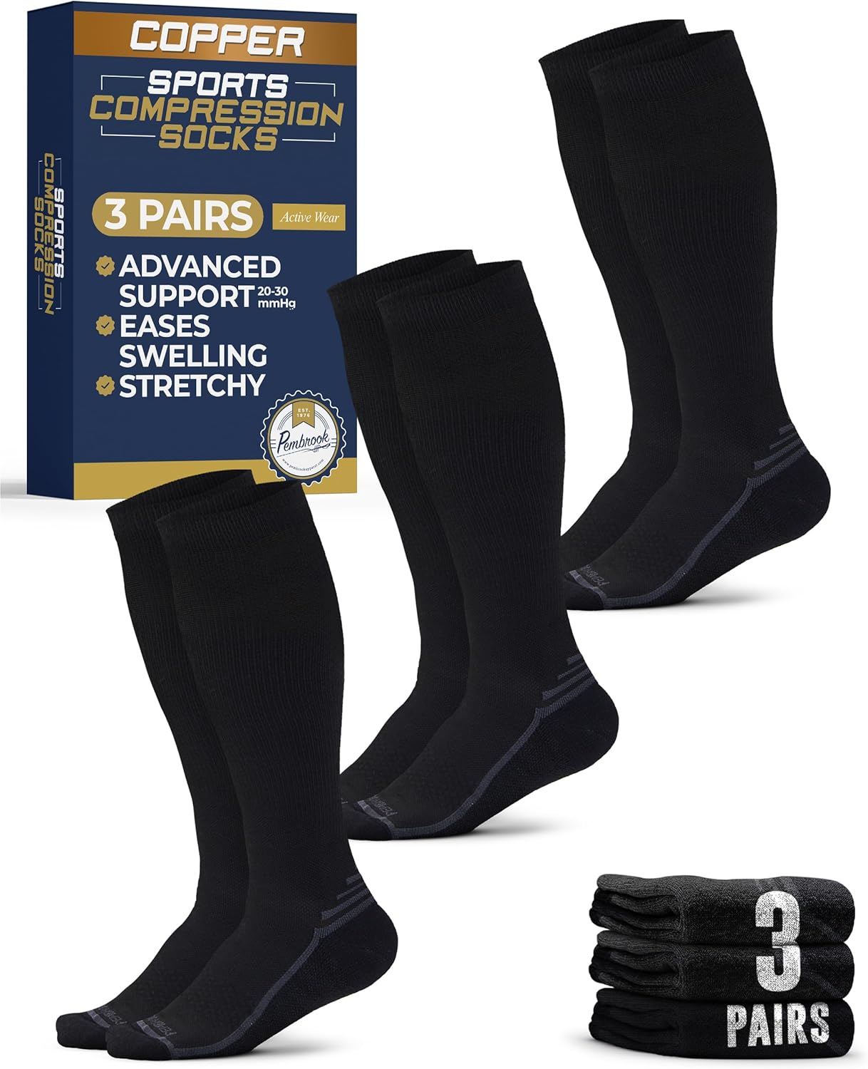 Pembrook Copper Compression Socks for Men - 20-30 mmHg | Ideal for Running, Hiking & Travel