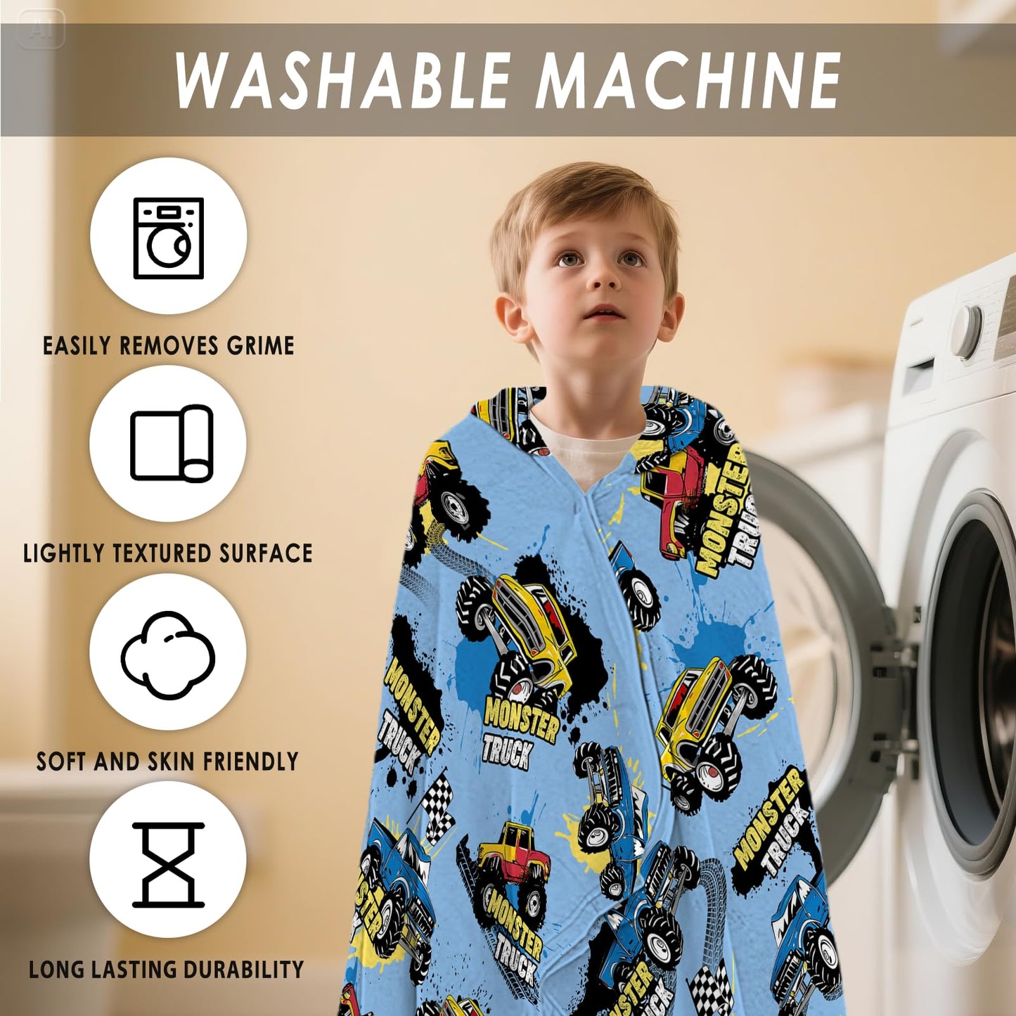 Fiwbnasz Truck Hooded Beach Towel for Kids, Monster Hooded Towels for Toddlers 30" x 50", Kids Beach Towels for Pool, Travel, Swim, Cars Wearable Bath Towel for Boys, Teens