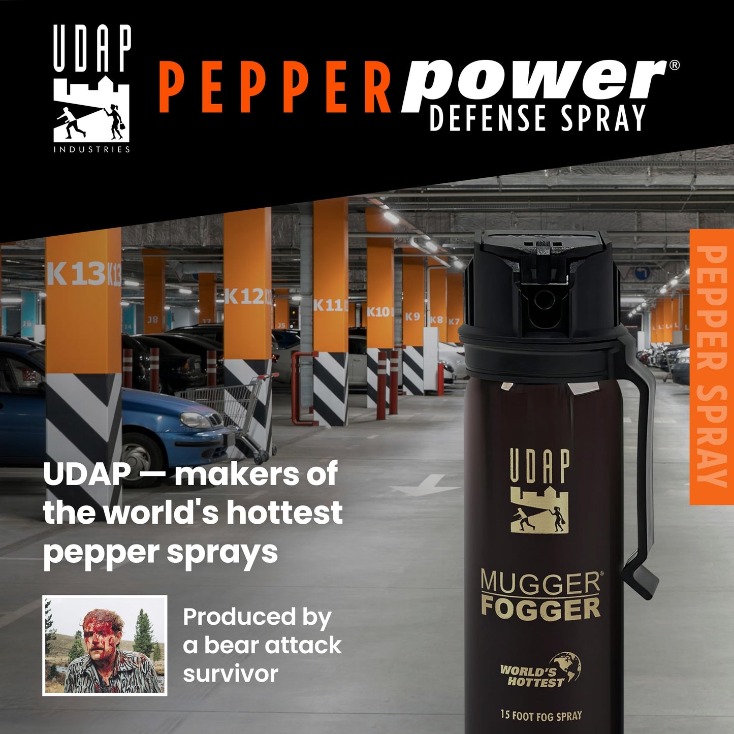 UDAP Pepper Power Mugger Fogger Hot OC Compact Self Defense Pepper Spray for Women, Men, and Runners, Powerful Blast Pattern, 15 ft Fog Barrier, 6MF, 3.1 oz
