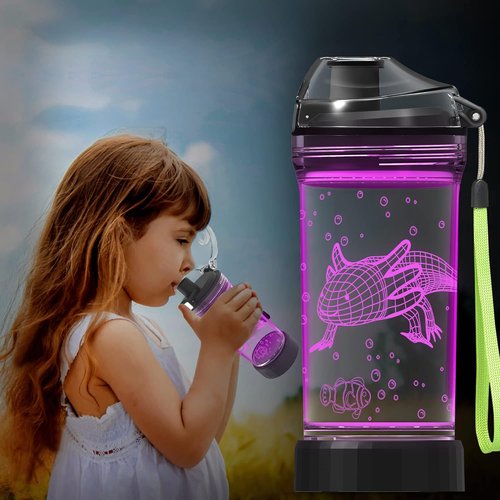 Ammonite Axolotl Water Bottle - 14 OZ Tritan BPA-Free Travel Cup with 3D Glowing LED Light | Perfect Gift for Kids