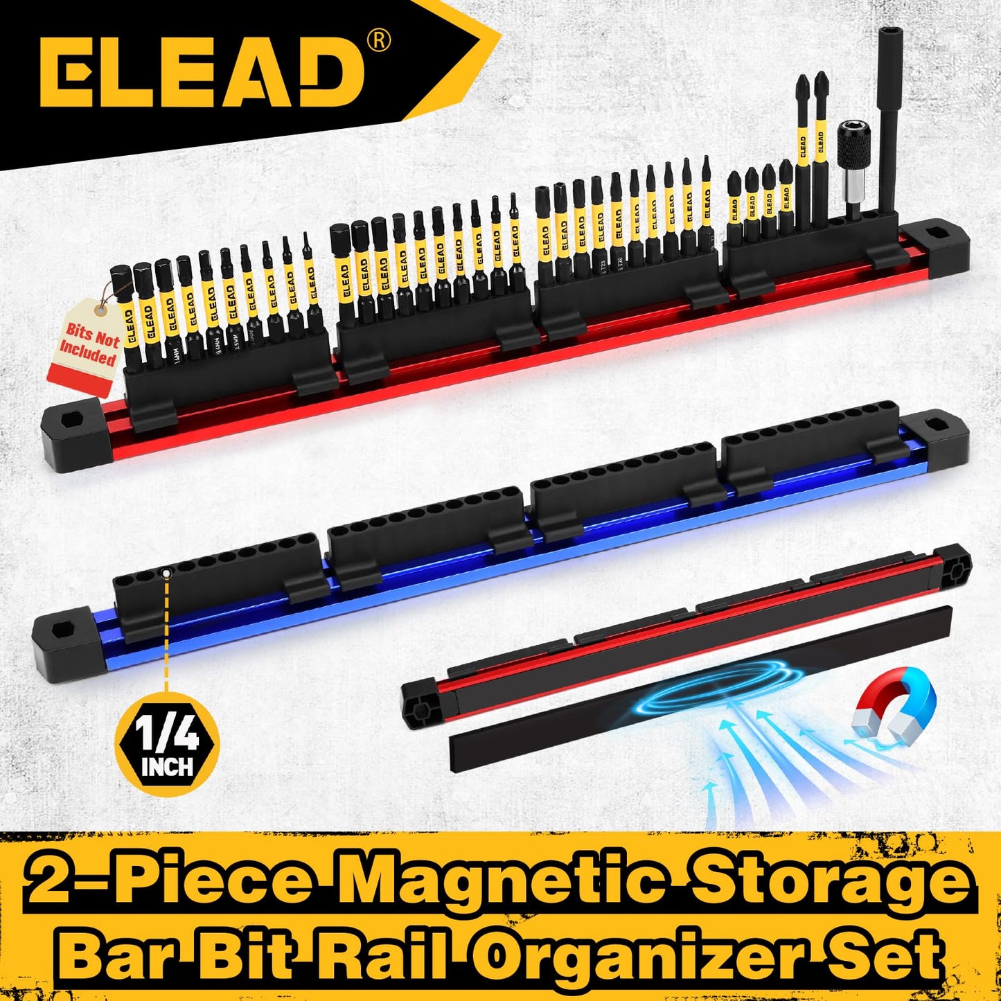 ELEAD 2PCS Magnetic Slidable Drill Bit Holder, 80 Holes Bit Storage with Strong Magnetic Rail, Screwdriver Drill Bit Organizer for Your Specialty(Bits Not Included)
