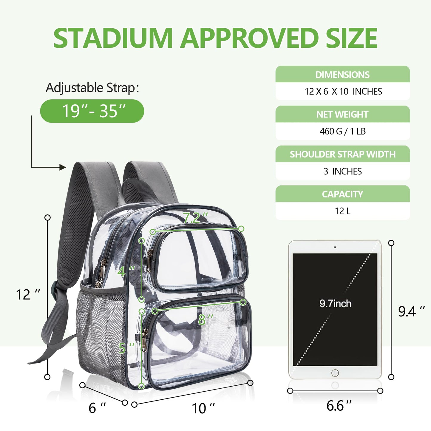 MAY TREE Clear Backpack Stadium Approved, 12x10x6 Inches Small Clear Bag with Padded Straps for Stadium Events, Concert, and Work, Grey
