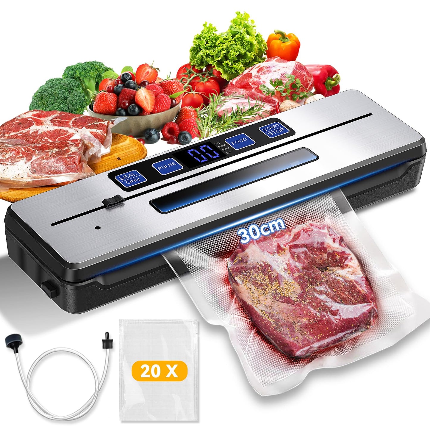 Flekzo Vacuum Sealer Machine for Food - Fast-Compact, Multi-Functional, Continuous Vacuuming, with External Vacuum System - For Meal Prep, Meat, Bulk Storage, Sliver Black