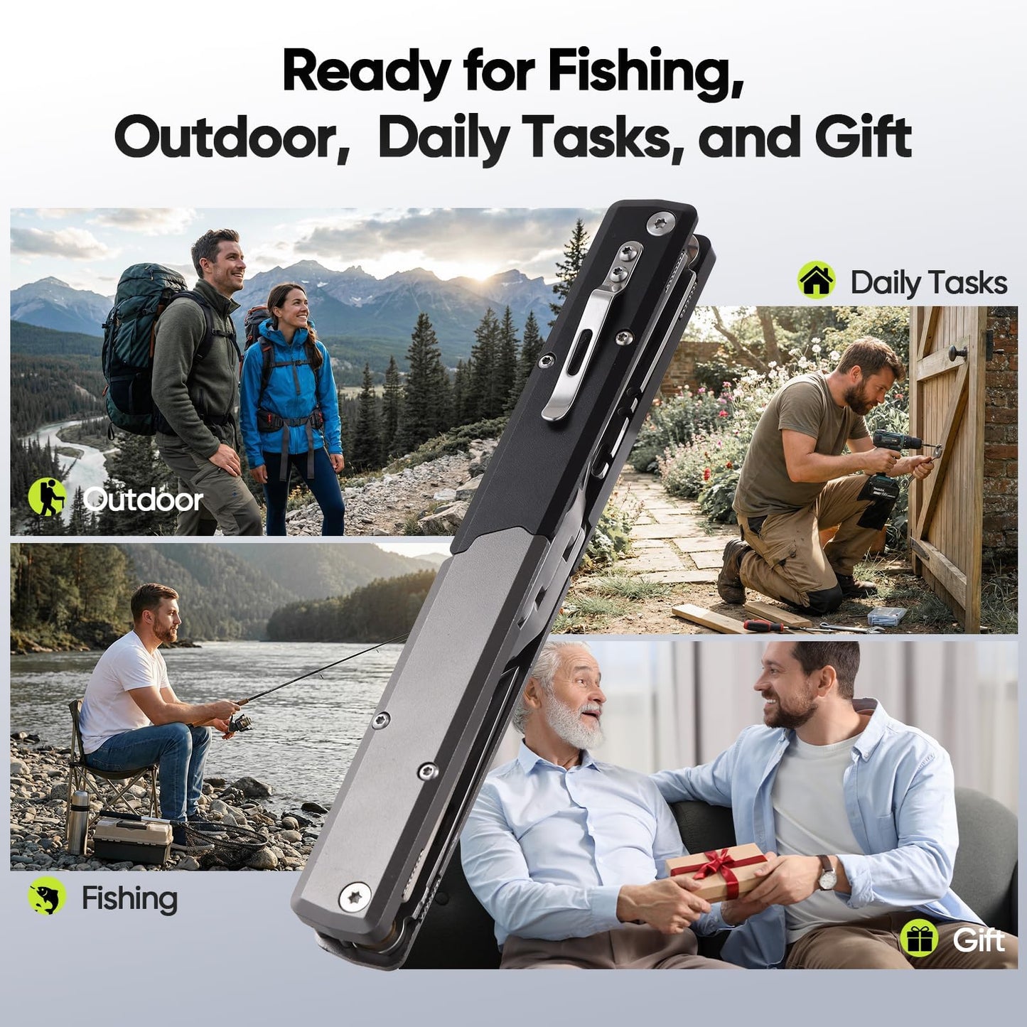 QDX 12-in-1 Folding Fishing Pliers, Compact Saltwater Fishing Tool with Braid Cutter, Hook Remover, Split Ring Opener, Stainless Steel Fishing Gear Gift for Men