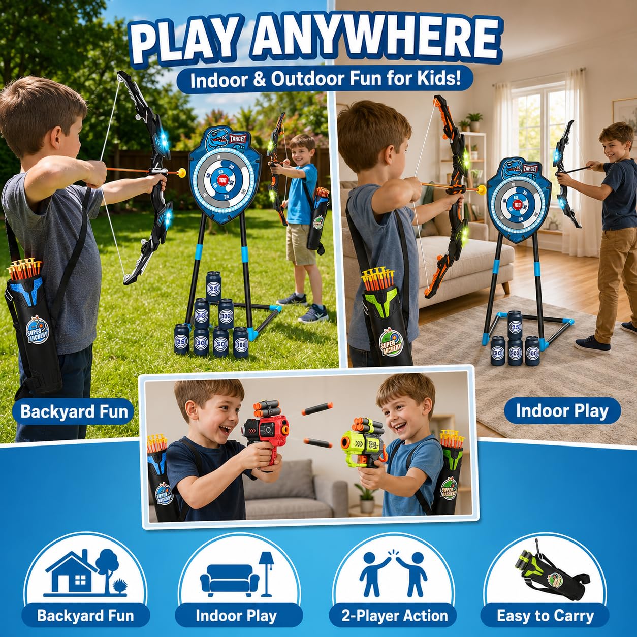 VROGTIK 2 Pack Kids LED Bow and Arrow Set with Standing Target, 20 Suction Cup Arrows, 2 Quivers & Foam Dart Toys, Indoor Outdoor Archery Toy Gift for Boys Girls Ages 3-12
