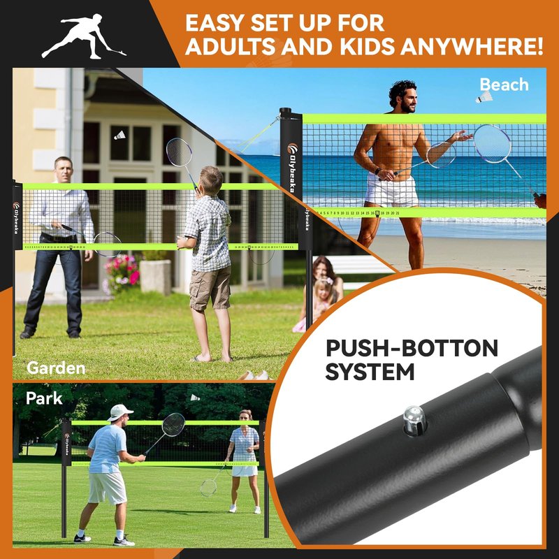 12ft Badminton Net Set for Backyard Beach with Durable Anti-Sagging Net, Heavy Duty Poles, 2 Aluminum Badminton Rackets, 3 Shuttlecocks, Carry Bag - Easy Setup & High Stable (Black and Green, 12ft)