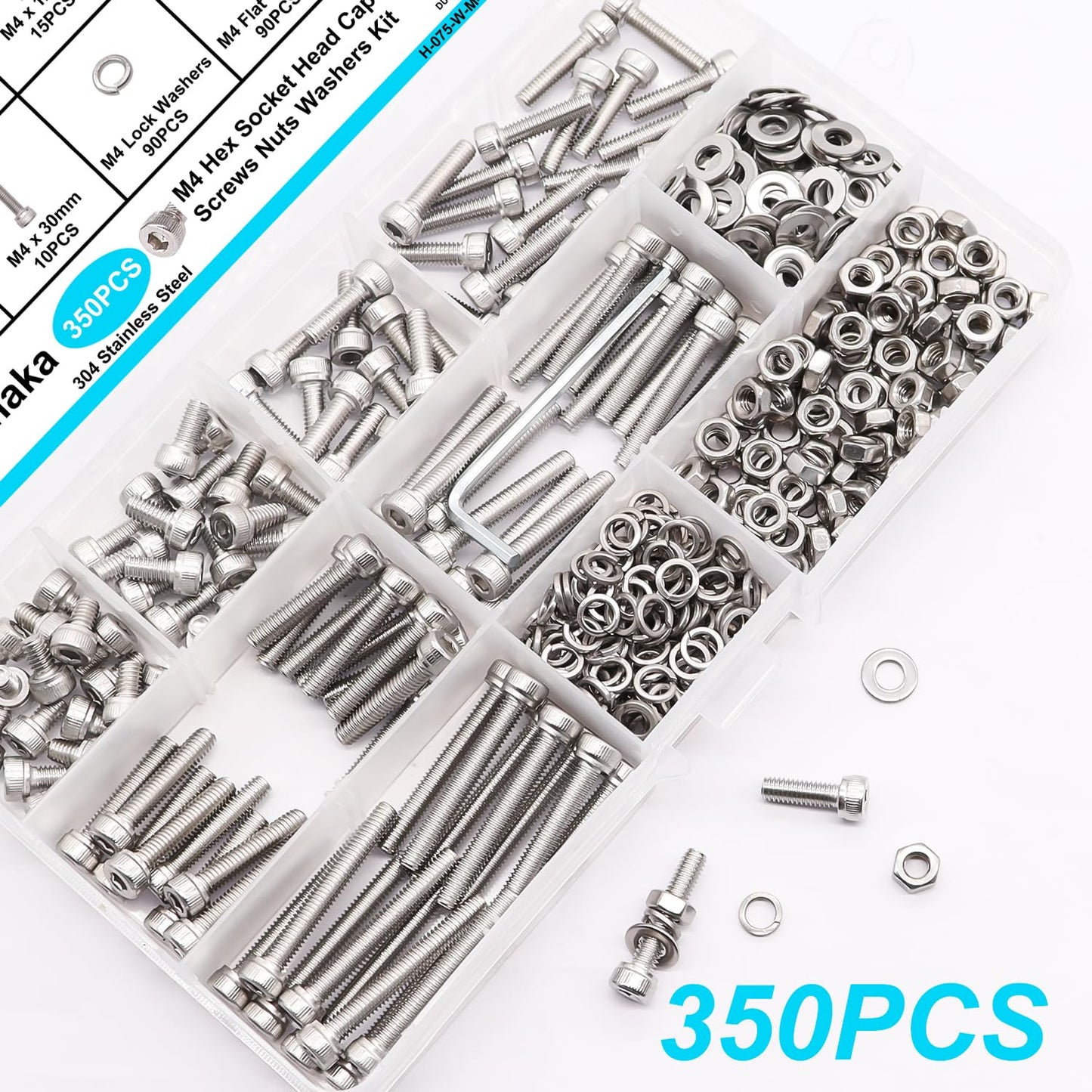 Bemaka 350PCS M4 Screw Kit, M4 x 6/8/12/16/20/25/30mm Hex Socket Head Cap Screws Bolts Nuts Washers Assortment Kit, 304 Stainless Steel Metric Bolts with Hex Wrench