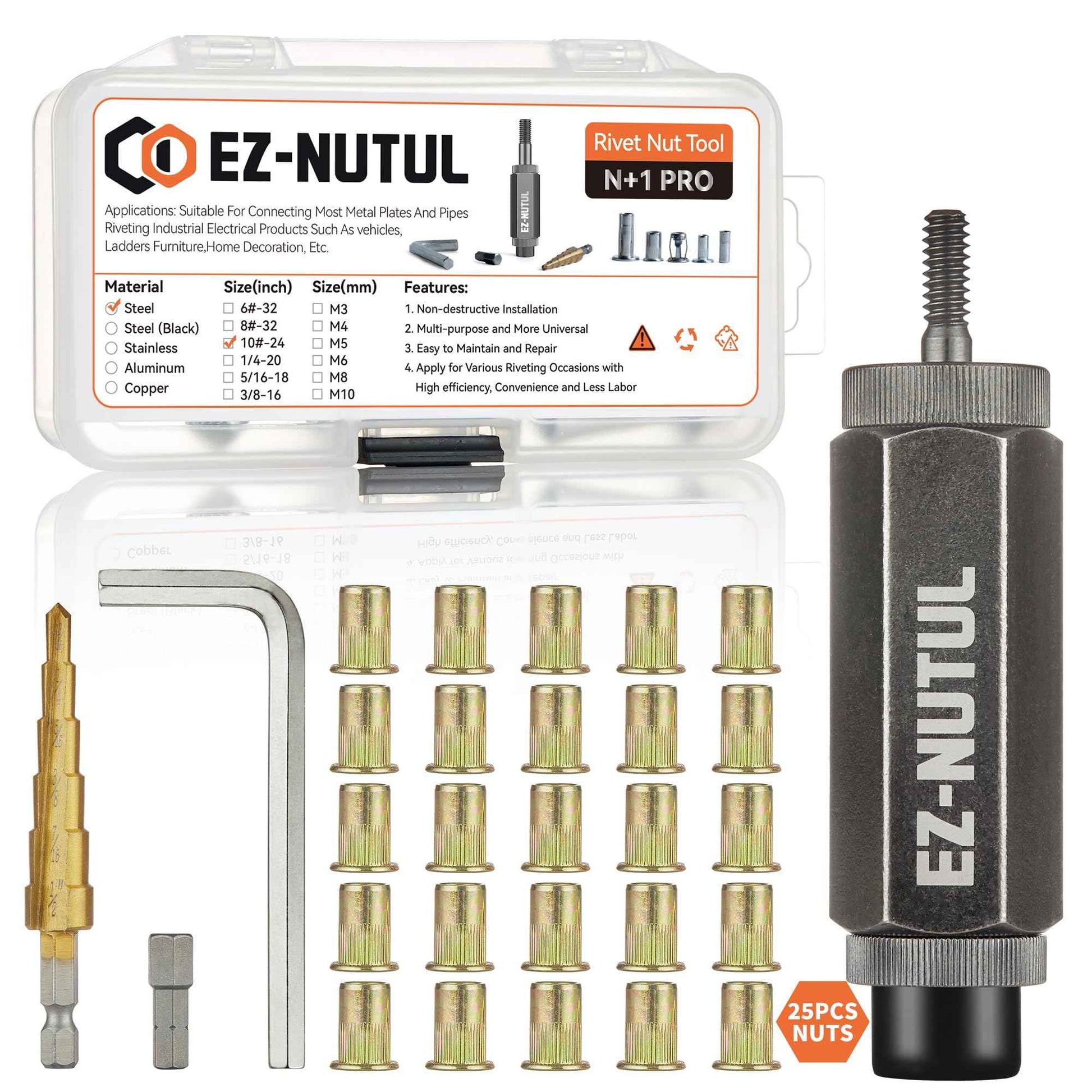 Rivet Nut Installation Tool Set Flat Head Rivnut Threaded Insert Nut Kit SAE & Metric for Metal Heavy Duty Zinc Plated Nutsert (10-24(Rivet Nut Tool-25pcs))