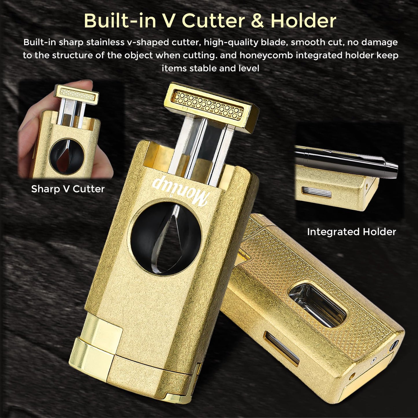 All-in-one Torch Lighter with 3 Jet Flames, Built-in V Cutter, Holder, Draw Enhancer, Multi-Functional Lighter & Accessories Gift Set for Men, Butane Refillable Lighter for Candles, Travel, Outdoors