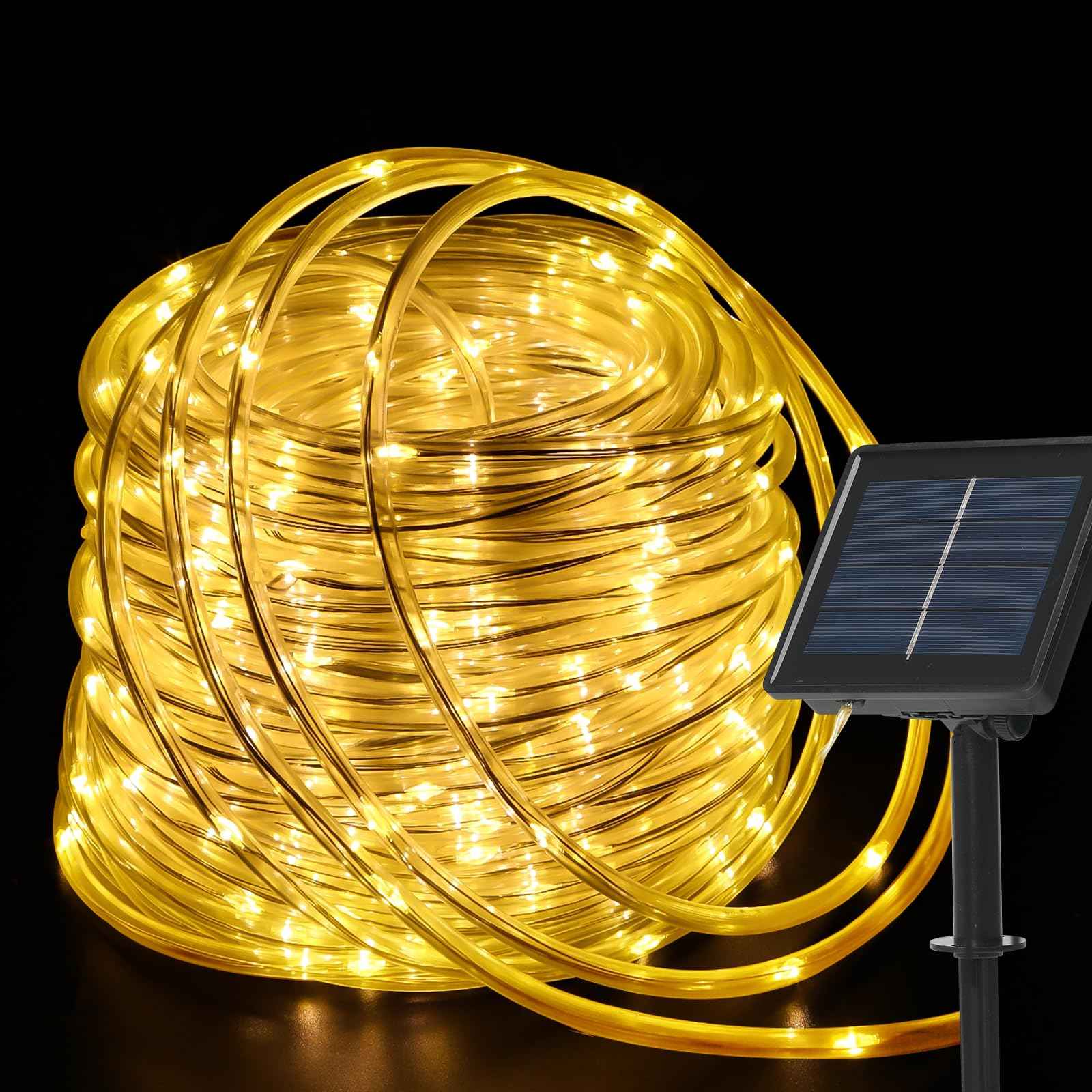 200 LED Solar Rope Lights Outdoor, 66FT Solar String Lights Indoor Waterproof Solar Powered Trampoline Light Clear Tube Pool Light for Camping Fence Yard Walkway Path Garden Outside Decor(Warm White)