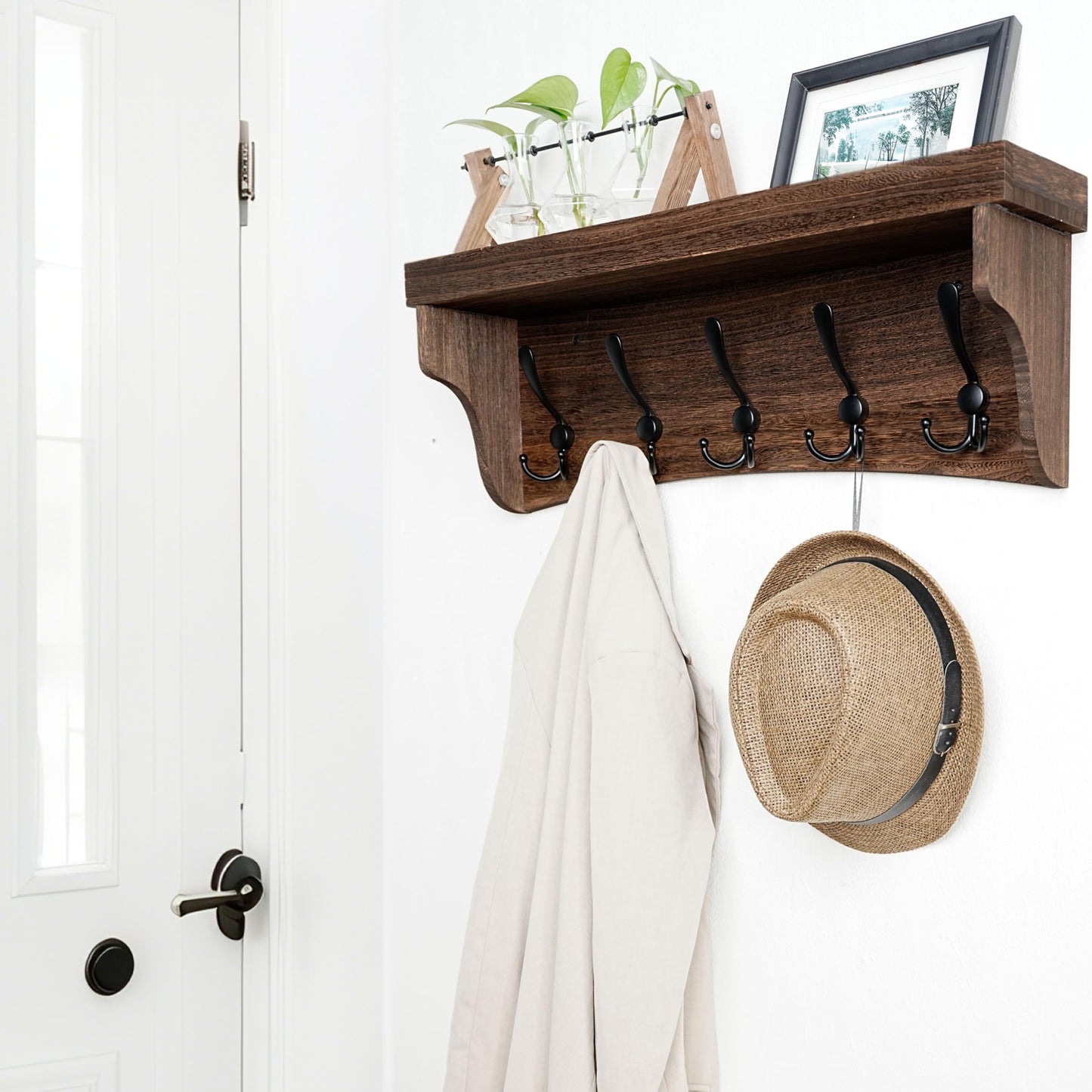 WEBI Rustic Coat Rack Wall Mount with Shelf,24" Long Wall Shelf with Hooks Underneath,5 Triple Hooks for Hanging Jacket,Bathroom,Entryway,Weathered Brown