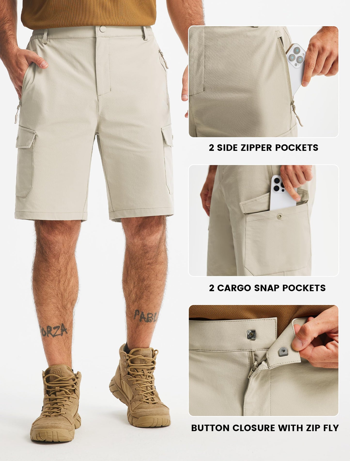 Libin Men's Hiking Cargo Shorts with Zipper Pockets 9" Lightweight Quick Dry Casual Shorts for Men Golf Work Fishing, Light Khaki, 34