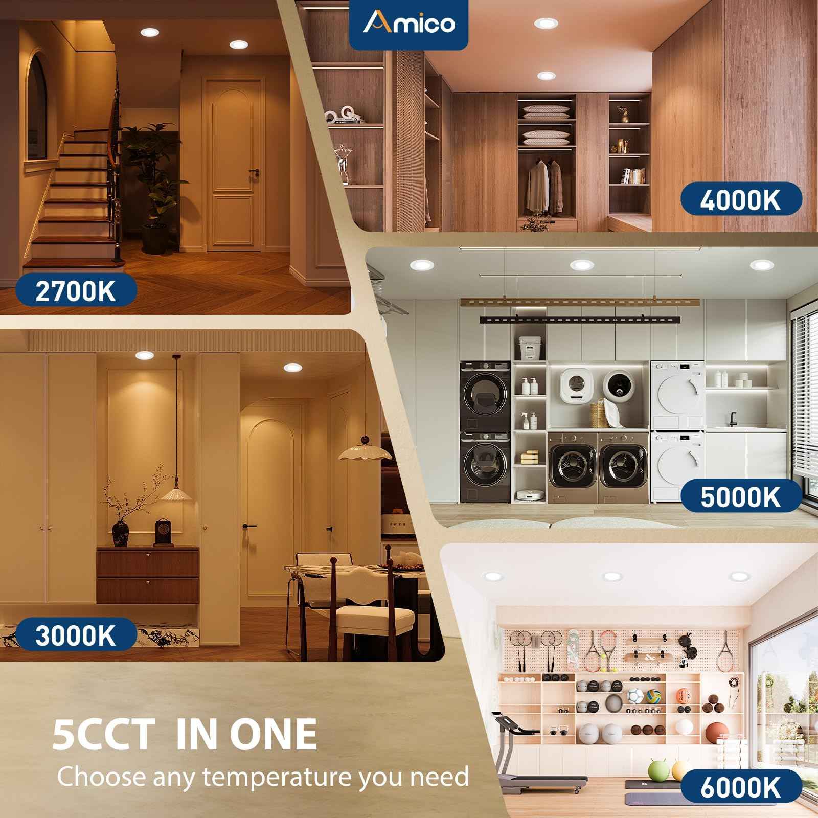 Amico 5/6 inch Motion Sensor Recessed Light, 12.5W=100W, 950LM, 2700K/3000K/4000K/5000K/6000K Selectable, LED Retrofit Can Lights, IC Rated - ETL & FCC, White