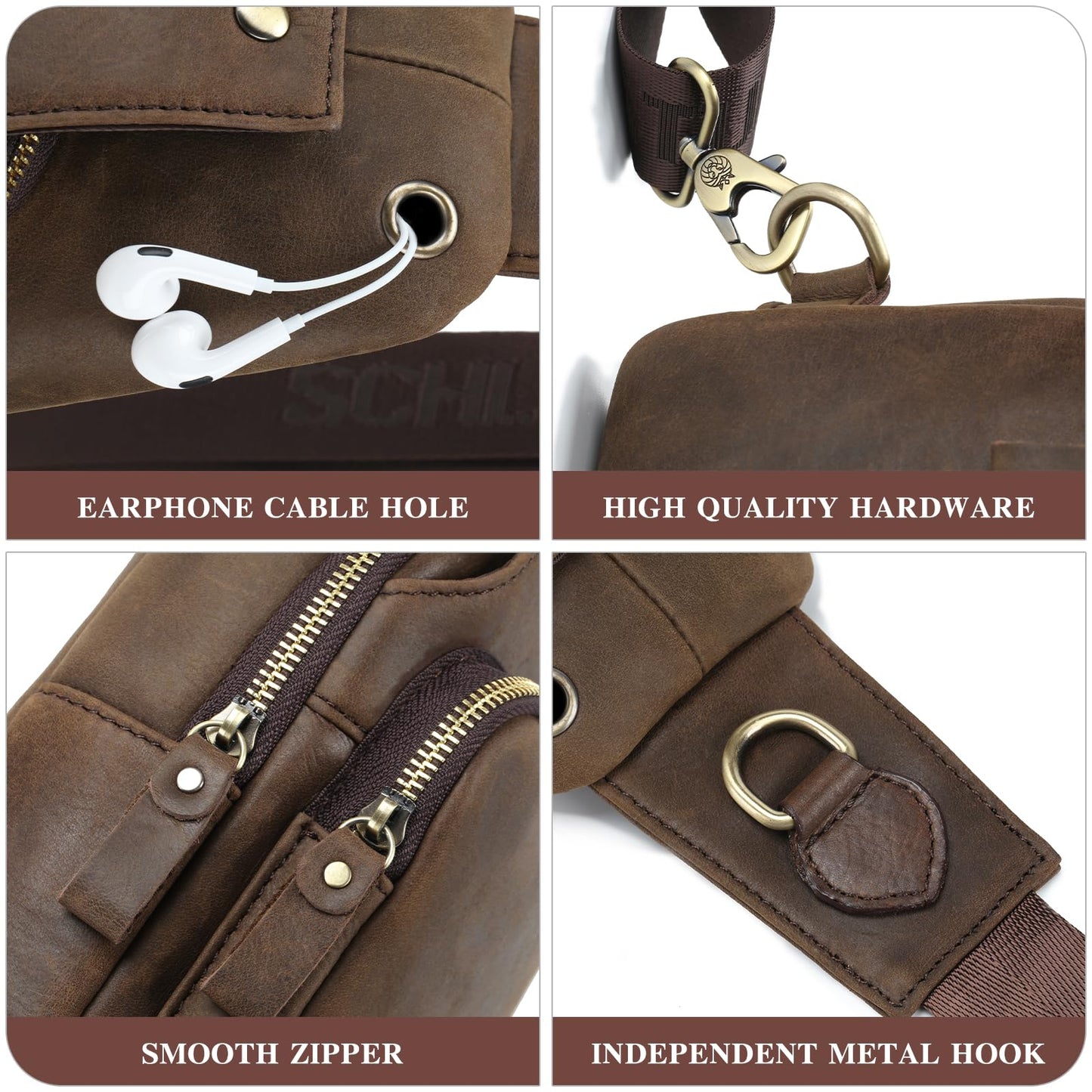 SCHLATUM Mens Sling Bag Genuine Leather Crossbody Bags for Men Small Sling Chest Backpack Casual Man Bag Hiking Outdoor, Coffee